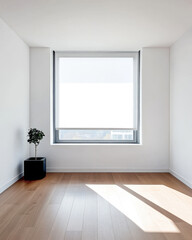 Bright, minimalist interior of a modern room with a large window and a potted plant