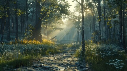 Fototapeta premium Sunbeams Through Forest Path