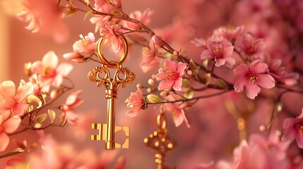 Gorgeous golden keys and locks with pink blossoms in the backdrop enticing eid ul fitar celebration banner