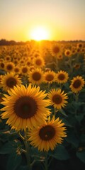 Fototapeta premium Field of vibrant sunflowers bathed in golden rays of setting sun, creating a picturesque scene of natural beauty and tranquility, dusk, picturesque, sunset