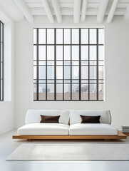 Fototapeta premium Modern living room with large windows and minimalist sofa in a stylish urban apartment
