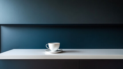 Obraz premium A simple white cup on a saucer rests on a sleek table against a dark wall backdrop