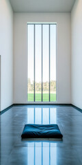 Fototapeta premium A minimalist interior with a single cushion and large windows showcasing a peaceful landscape