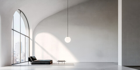 Modern minimalist interior design featuring a sleek couch and large window in an urban setting