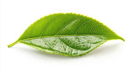 Obraz premium Fresh Glossy Green Tea Leaf on White Background