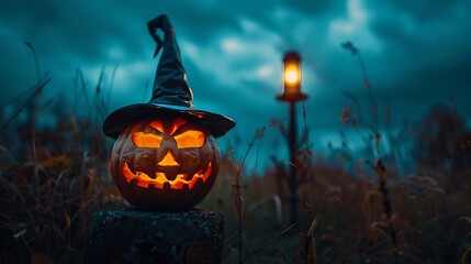 Gorgeous spooky over a cloudy evening using a created cap with a pumpkins lamp