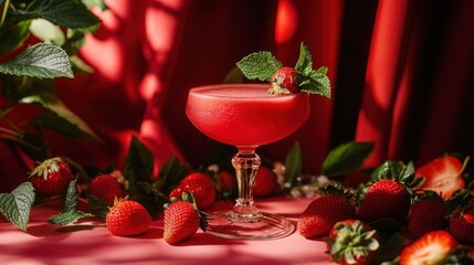 A refreshing strawberry cocktail in a coupe glass garnished with a sprig of mint and fresh strawberries.