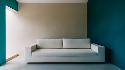 Modern minimalist living room featuring a white sofa against teal and beige walls