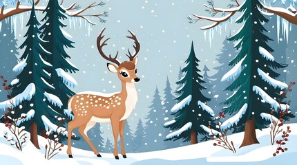 illustration of winter landscape with deer in forest