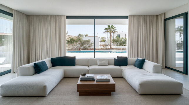 Modern minimalist living room with a view of the pool in a sunny coastal location