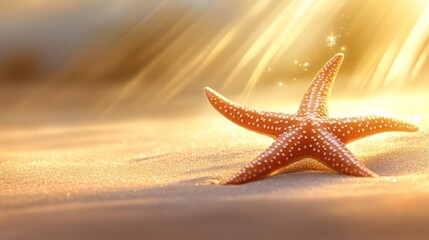 Fototapeta na wymiar A single starfish lies on a sandy beach, bathed in the warm glow of the setting sun.