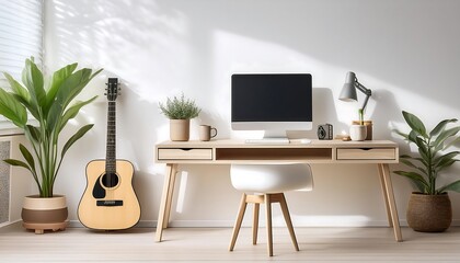 Fototapeta premium Scandinavian-Inspired Home Office Setup with Light Wood Desk and Guitar