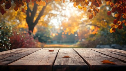 Warm and Inviting Autumn Landscape with Wooden Table in Blurred Foliage Background