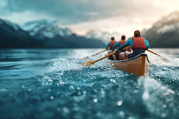 Rowers synchronize their strength to propel the canoe across serene waters