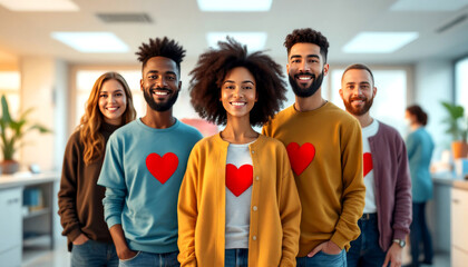 National blood donor month celebration: diverse group of smiling supporters in office setting