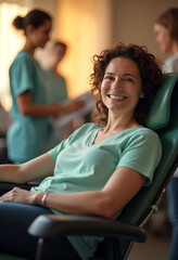 Celebrating national blood donor month: smiling donor in medical clinic setting