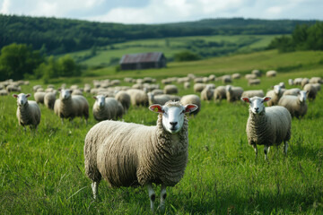 Fototapeta premium A flock of sheep grazing in a lush green field with a barn in the background.