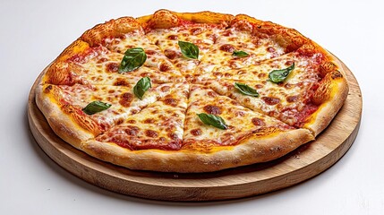 A photostock of a margherita pizza on a white background, delicious and isolated.