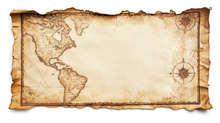 Old world map on vintage parchment, Americas outline, with copy space