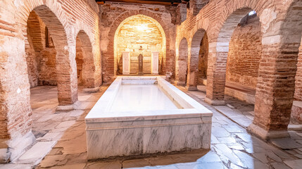 Historic Roman bathhouse with marble pool and arched architecture in the afternoon sunlight