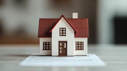 A small model house with a red roof, placed on a light surface, representing home, architecture, and real estate.