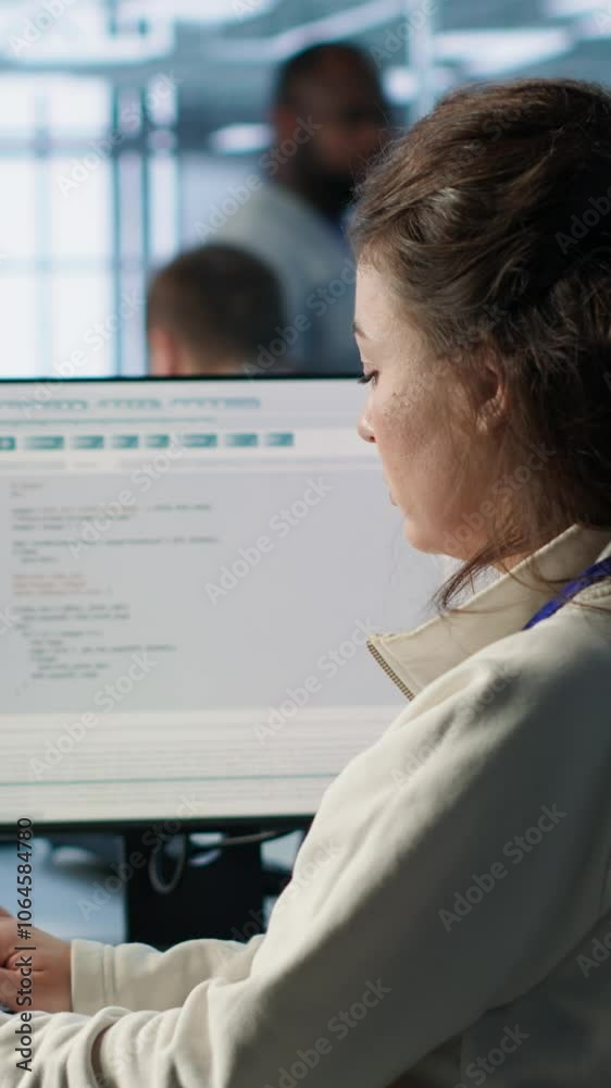 Poster smiling manager in server hub using computer to find firewall misconfigurations affecting rackmounts