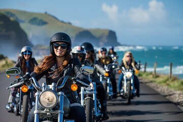 Group of female bikers on a coastal road celebrating International Female Ride Day