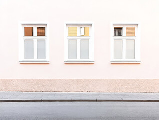 Simple and modern windows on a light-colored wall with street reflection in the morning light