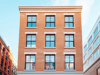 Fototapeta premium Modern brick building with large windows in an urban setting under a clear blue sky
