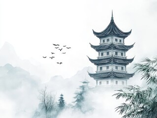 Obraz premium Tranquil Pagoda in Misty Mountains.