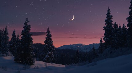 Fototapeta premium Crescent Moon Over Snowy Mountain Landscape at Night