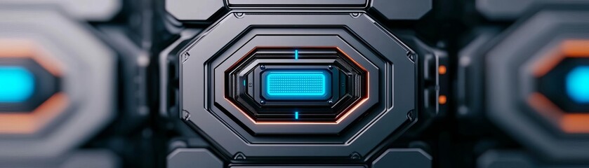 Obraz premium Futuristic design featuring sleek hexagonal shapes with blue and orange accents on a dark surface, ideal for tech-related themes.