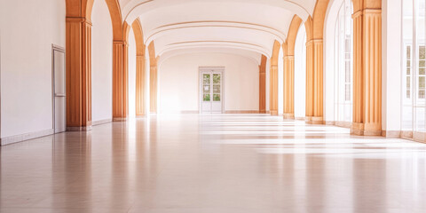Bright, spacious hallway with arches and natural light in a contemporary architecture setting