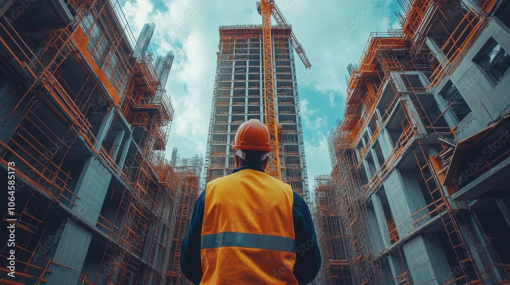 Poster a construction worker stands in safety gear at a busy construction site, observing the progress of a