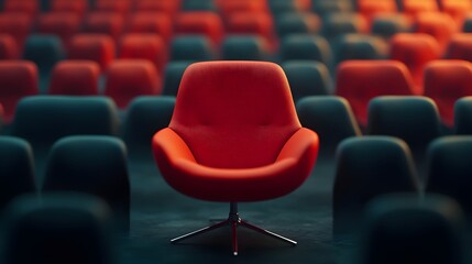Vibrant Red Chair Stands Out In Crowd Of Identical Seats In Auditorium