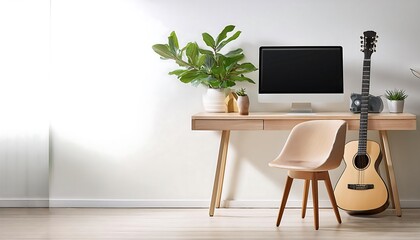 Minimalist Workspace with Computer, Plants, and Acoustic Guitar in Modern Decor