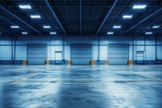 Evening-lit industrial warehouse with loading docks and a polished concrete floor