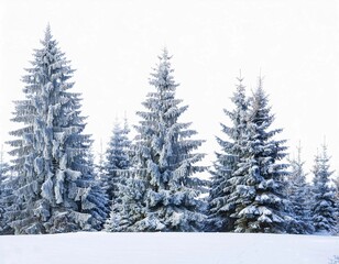 Obraz premium Group of frosty spruce trees in snow isolated on white
