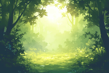 Woodland forest background banner, cartoon anime style graphic resource wide backdrop, empty space, trees wallpaper