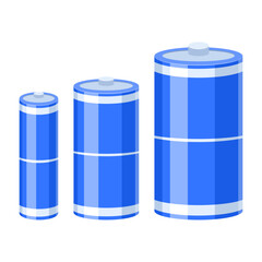Vector illustration of three blue batteries of different sizes, isolated on a white background