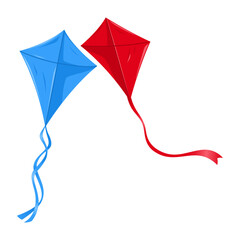 Two kites in red and blue are flying. Isolated on white background. vector illustration