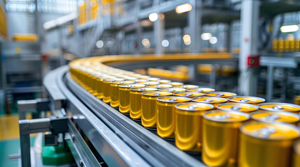 Fototapeta premium Canned food factory, cans with their contents move on a conveyor belt for labeling and marking