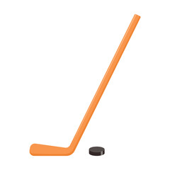Hockey stick with black ice hockey puck isolated on white background, vector illustration