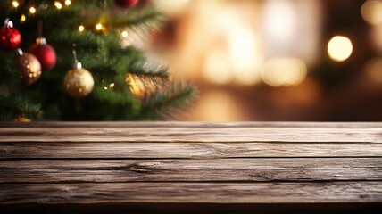 Wooden table top with blurred bokeh lights and pine tree leafs, Christmas holiday,product display,Merry christmas and Happy Holidays,Atmospheric christmas eve,space for text.