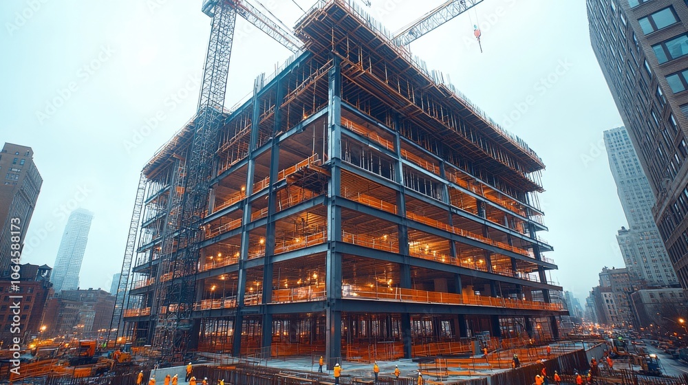 Poster workers are actively engaged in the construction of a large multi-story building amid a foggy urban 