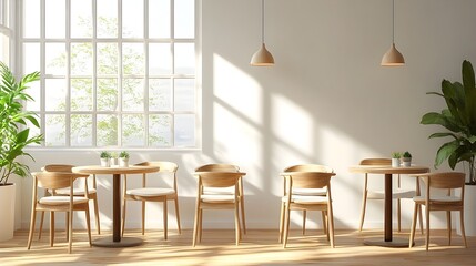 Modern Cafe Interior with Row of Chairs and Dining Tables by Panoramic Window
