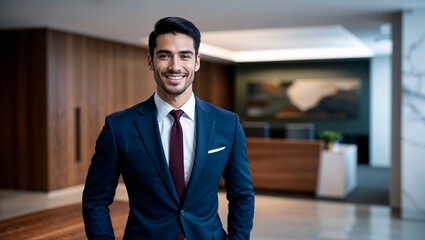 Fototapeta premium A Smiling, Elegant, and Confident Young Latino Exuding Charm and Positivity Perfect for Illustrating Diverse and Inspirational Portraits