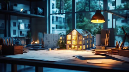 Obraz premium Architect s workspace with blueprints lighting and building models on table. architecture design. Ultra realistic. Photorealistic hypermaximalist advertising photography hyper realistic fine detail