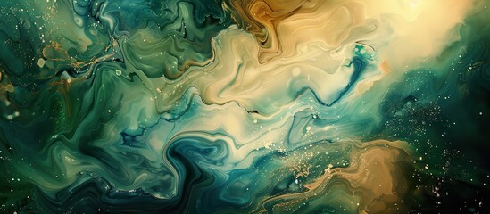 Obraz premium A painting of a galaxy with swirls of green and gold. Fluid Blur texture