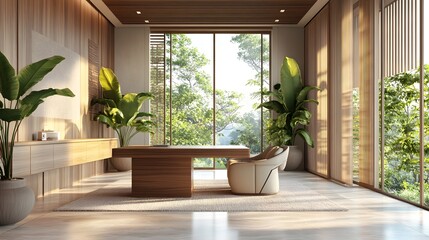 Elegant wooden conference room with large windows overlooking lush greenery